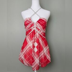 Studio Y Women's Red & White Chiffon Layered Halter Top, Adjustable Strap, SMALL